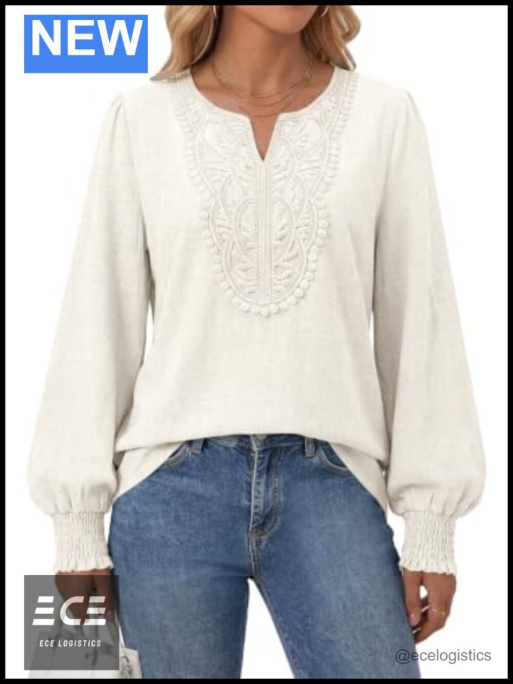 Boho Linen Blend Long Sleeve Blouse Lace Trim V-Neck Top
